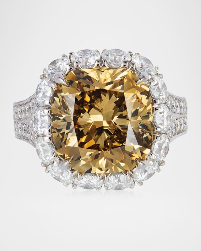 Handmade Platinum Statement Ring with White and Brown-Yellow Diamonds